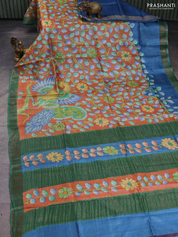 Pure tussar silk saree peach shade and green with allover kalamkari hand painted prints and zari woven border