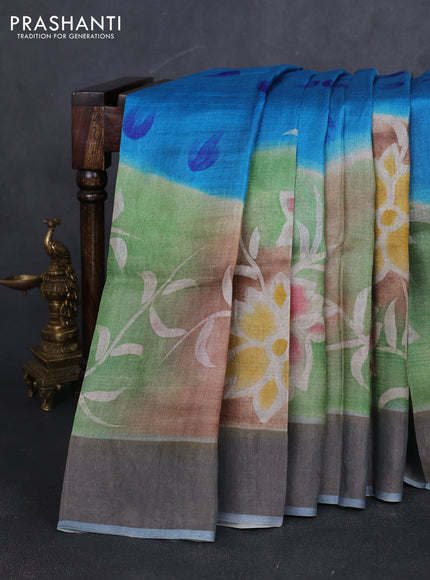 Pure tussar silk saree multi colour and bluish grey with allover hand painted prints and zari woven border