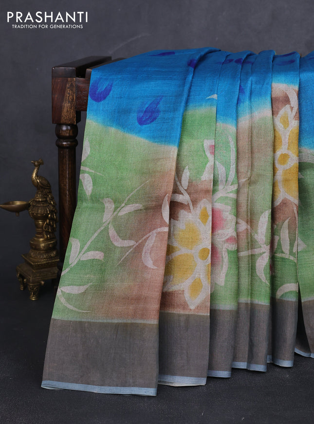 Pure tussar silk saree multi colour and bluish grey with allover hand painted prints and zari woven border