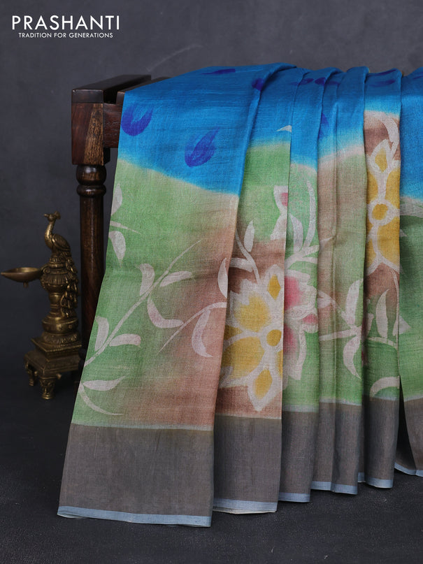 Pure tussar silk saree multi colour and bluish grey with allover hand painted prints and zari woven border