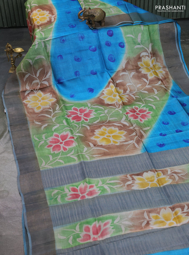 Pure tussar silk saree multi colour and bluish grey with allover hand painted prints and zari woven border