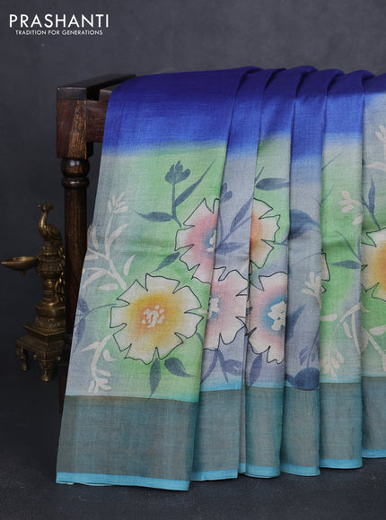 Pure tussar silk saree blue and teal green with allover hand painted prints and zari woven border