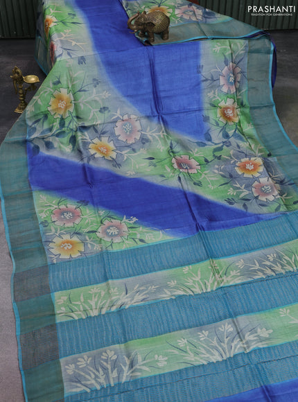 Pure tussar silk saree blue and teal green with allover hand painted prints and zari woven border