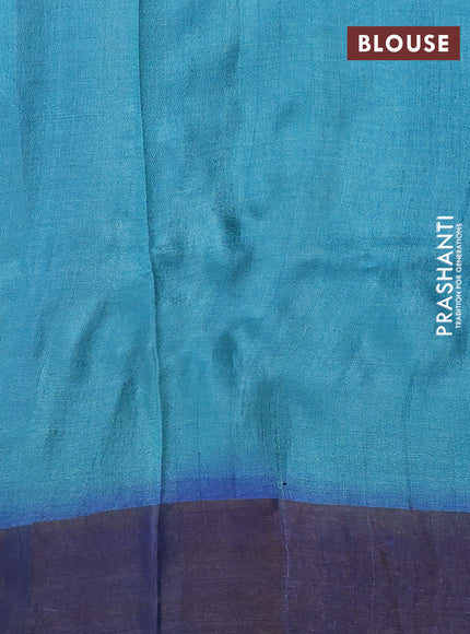 Pure tussar silk saree blue and teal green with allover hand painted prints and zari woven border