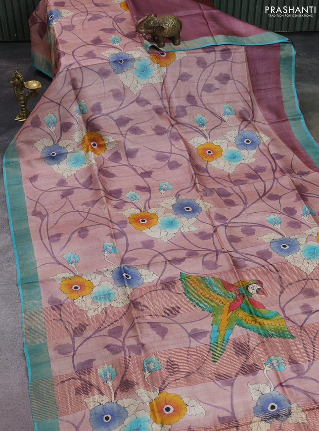 Pure tussar silk saree pastel pink and teal green with allover hand painted prints and zari woven border