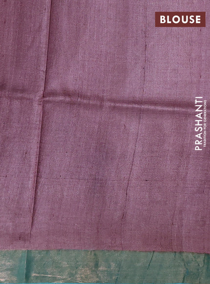 Pure tussar silk saree pastel pink and teal green with allover hand painted prints and zari woven border