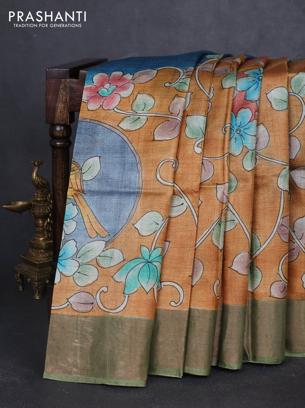 Pure tussar silk saree dark sandal and pastel green with allover kalamkari hand painted prints and zari woven border