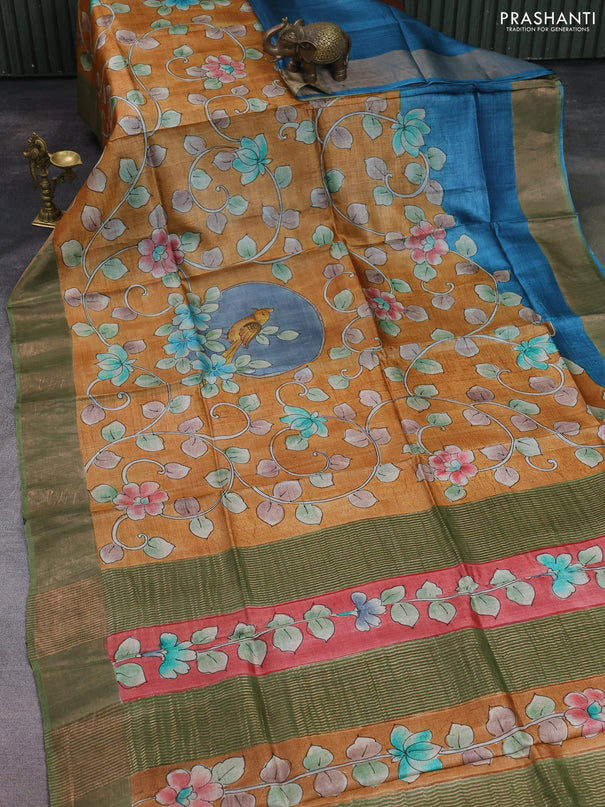 Pure tussar silk saree dark sandal and pastel green with allover kalamkari hand painted prints and zari woven border