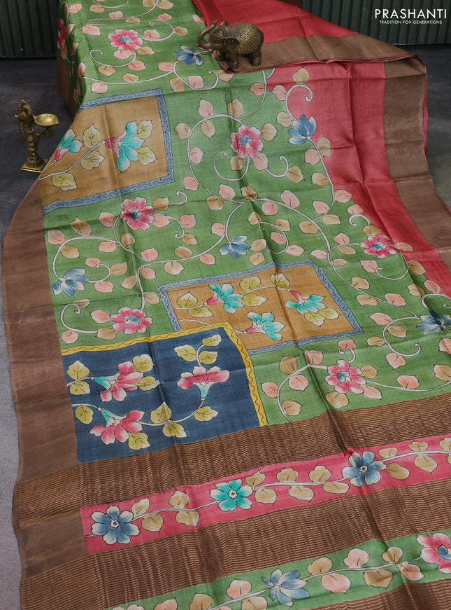 Pure tussar silk saree pastel green and dark sandal with allover kalamkari hand painted prints and zari woven border