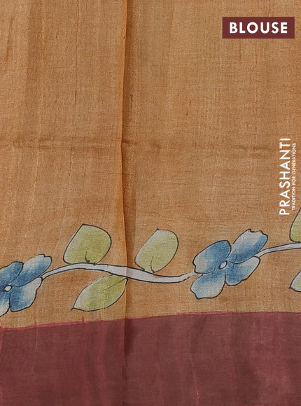 Pure tussar silk saree pastel green and dark sandal with allover kalamkari hand painted prints and zari woven border