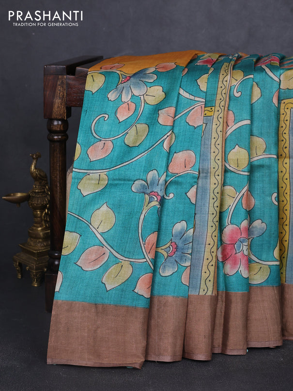 Pure tussar silk saree teal green and sandal with allover kalamkari hand painted prints and zari woven border