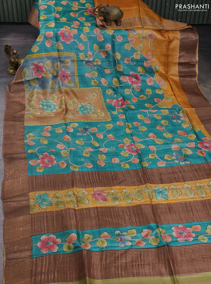 Pure tussar silk saree teal green and sandal with allover kalamkari hand painted prints and zari woven border