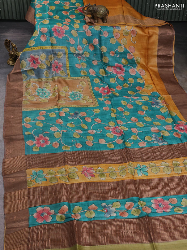 Pure tussar silk saree teal green and sandal with allover kalamkari hand painted prints and zari woven border