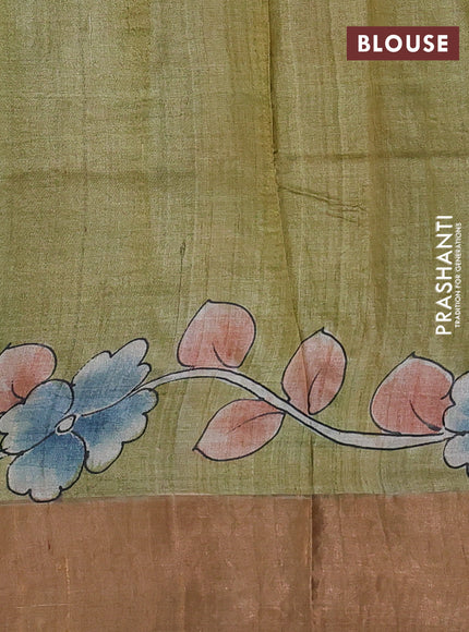 Pure tussar silk saree teal green and sandal with allover kalamkari hand painted prints and zari woven border