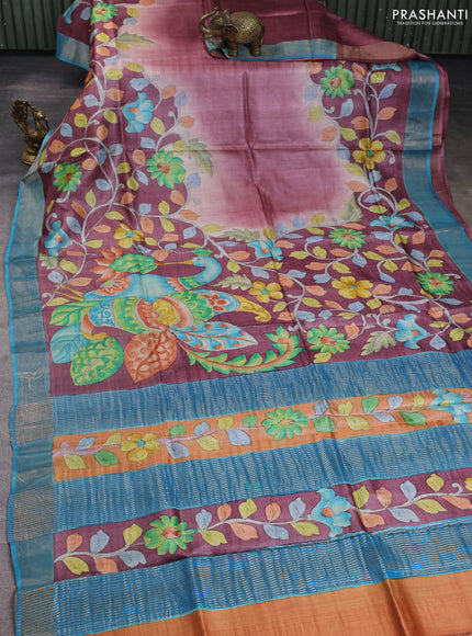Pure tussar silk saree mauve pink and blue shade with allover kalamkari hand painted prints and zari woven border