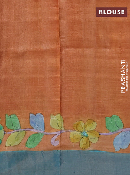 Pure tussar silk saree mauve pink and blue shade with allover kalamkari hand painted prints and zari woven border