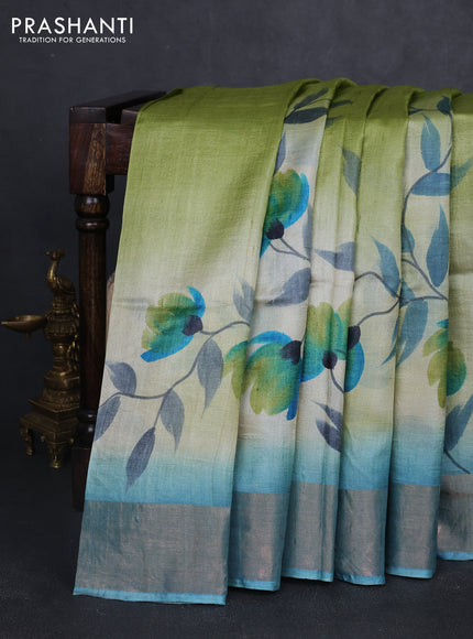 Pure tussar silk saree beige and blue shade with allover hand painted prints and zari woven border