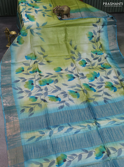 Pure tussar silk saree beige and blue shade with allover hand painted prints and zari woven border