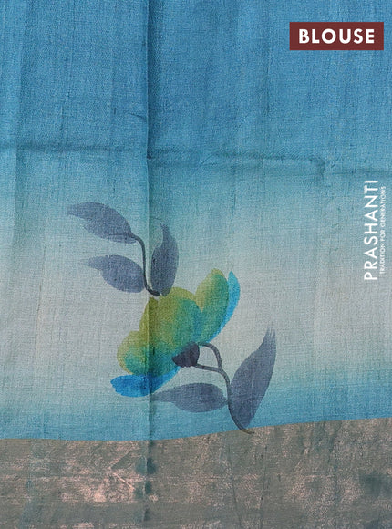 Pure tussar silk saree beige and blue shade with allover hand painted prints and zari woven border