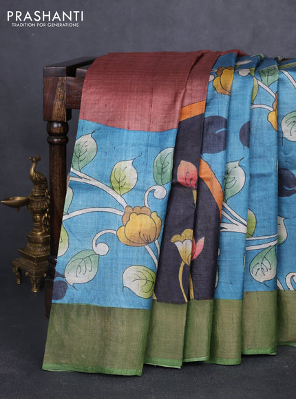 Pure tussar silk saree black and pastel green with allover hand painted prints and zari woven border