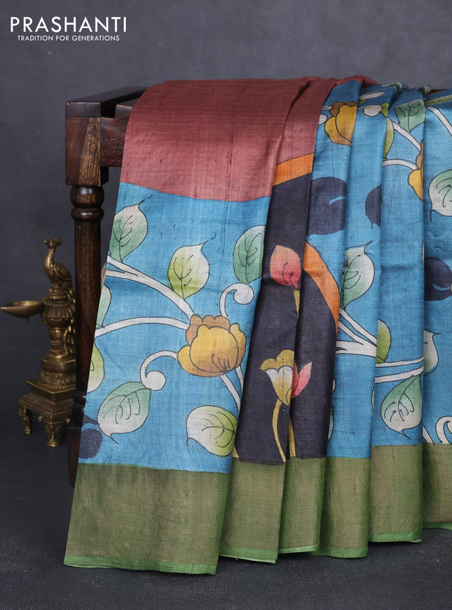 Pure tussar silk saree black and pastel green with allover hand painted prints and zari woven border