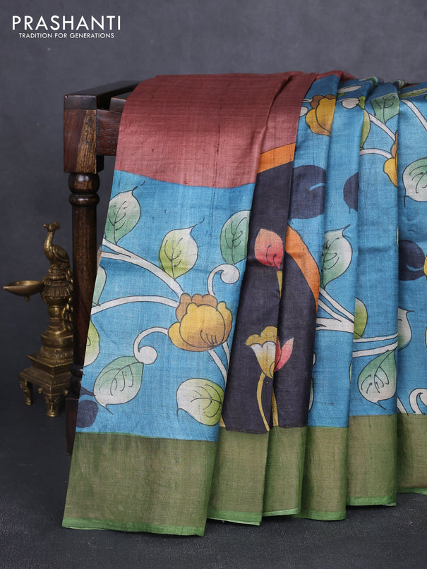 Pure tussar silk saree black and pastel green with allover hand painted prints and zari woven border