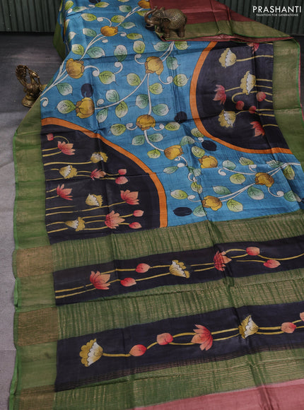 Pure tussar silk saree black and pastel green with allover hand painted prints and zari woven border
