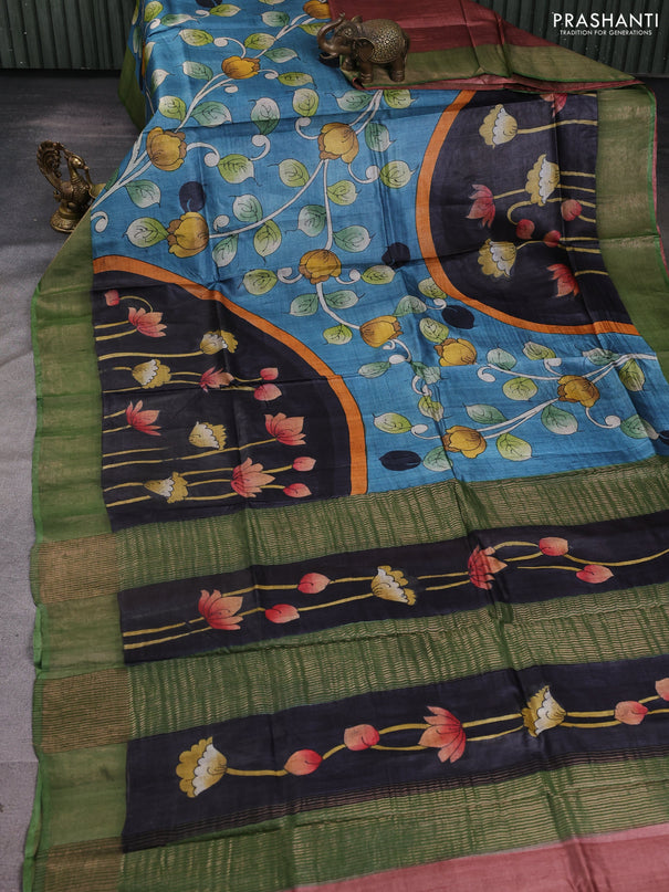 Pure tussar silk saree black and pastel green with allover hand painted prints and zari woven border