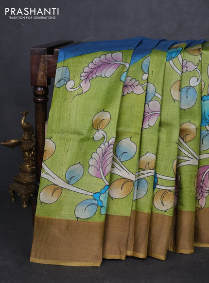 Pure tussar silk saree light green and sandal with allover kalamkari hand painted prints and zari woven border