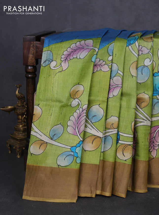 Pure tussar silk saree light green and sandal with allover kalamkari hand painted prints and zari woven border