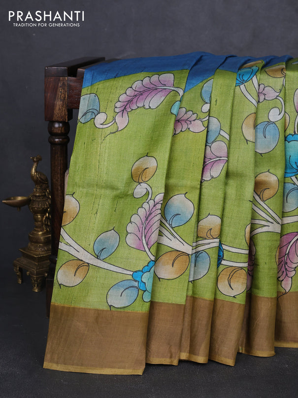 Pure tussar silk saree light green and sandal with allover kalamkari hand painted prints and zari woven border