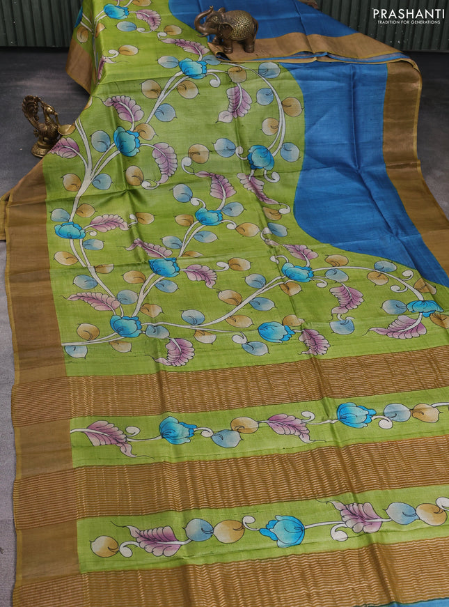 Pure tussar silk saree light green and sandal with allover kalamkari hand painted prints and zari woven border