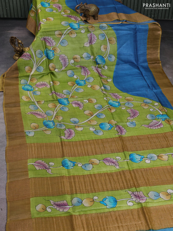 Pure tussar silk saree light green and sandal with allover kalamkari hand painted prints and zari woven border