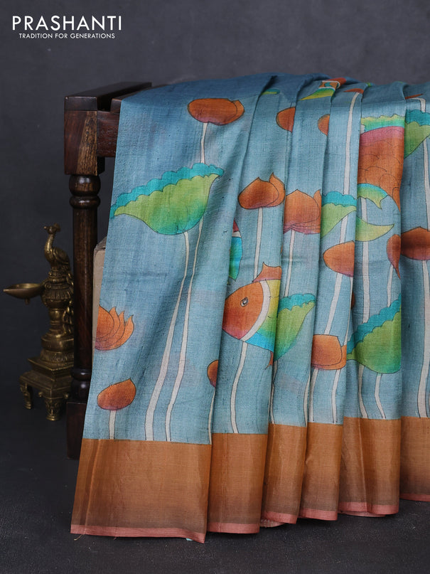 Pure tussar silk saree bluish grey and rust shade with allover hand painted prints and zari woven border