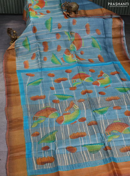 Pure tussar silk saree bluish grey and rust shade with allover hand painted prints and zari woven border