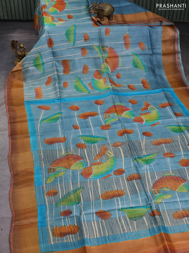 Pure tussar silk saree bluish grey and rust shade with allover hand painted prints and zari woven border