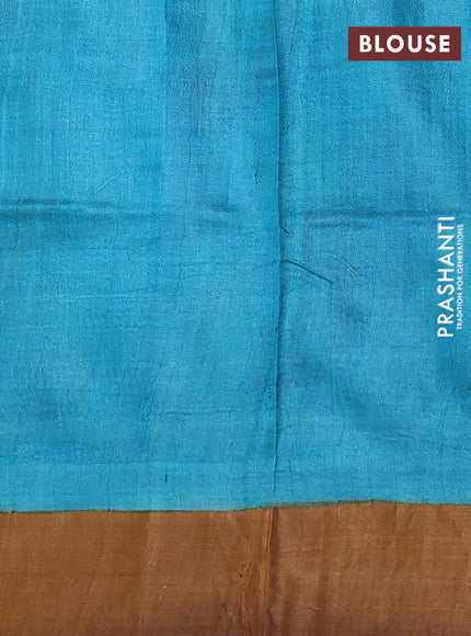 Pure tussar silk saree bluish grey and rust shade with allover hand painted prints and zari woven border