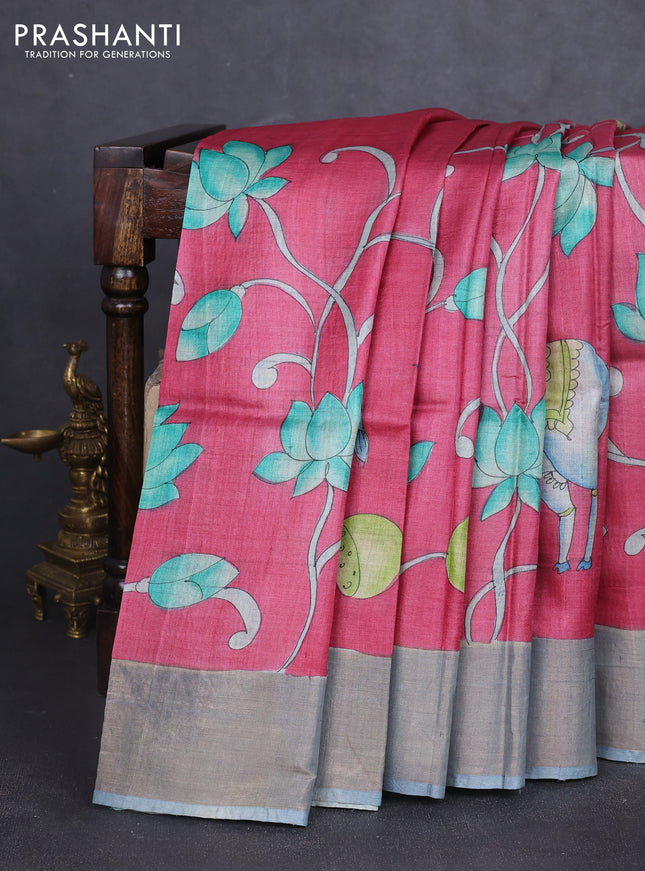 Pure tussar silk saree peach pink and pastel blue with allover pichwai hand painted prints and zari woven border