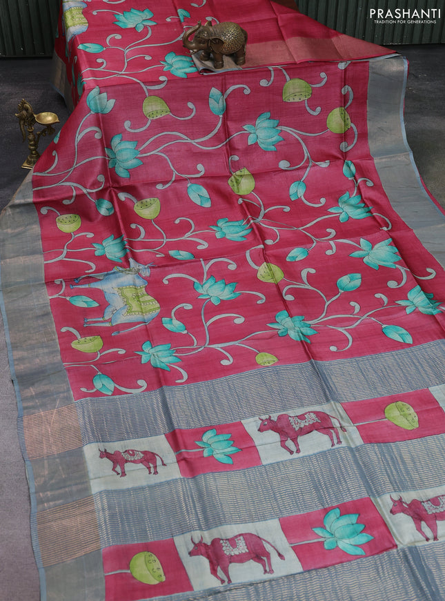 Pure tussar silk saree peach pink and pastel blue with allover pichwai hand painted prints and zari woven border