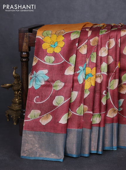 Pure tussar silk saree deep maroon and blue with allover kalamkari hand painted prints and zari woven border