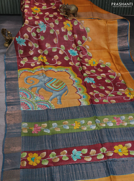 Pure tussar silk saree deep maroon and blue with allover kalamkari hand painted prints and zari woven border