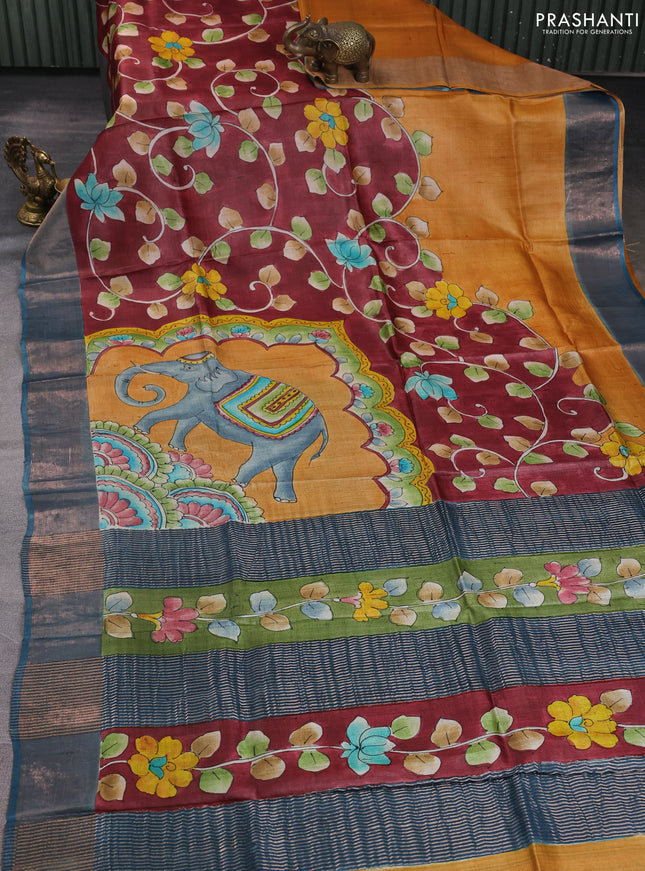 Pure tussar silk saree deep maroon and blue with allover kalamkari hand painted prints and zari woven border