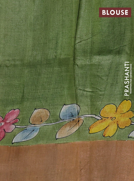 Pure tussar silk saree deep maroon and blue with allover kalamkari hand painted prints and zari woven border
