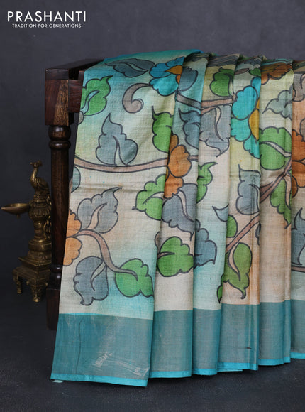Pure tussar silk saree multi colour and teal blue with allover hand painted prints and zari woven border
