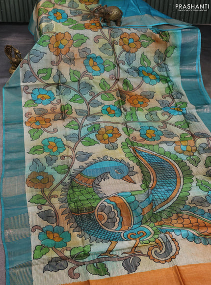 Pure tussar silk saree multi colour and teal blue with allover hand painted prints and zari woven border