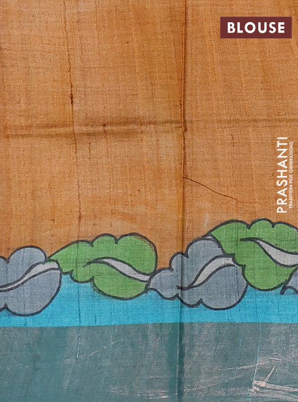 Pure tussar silk saree multi colour and teal blue with allover hand painted prints and zari woven border
