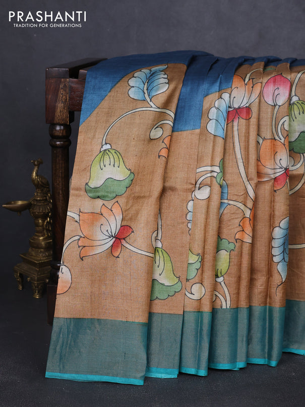 Pure tussar silk saree sandal and teal blue with allover kalamkari hand painted prints and zari woven border
