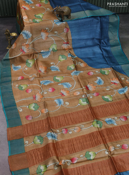 Pure tussar silk saree sandal and teal blue with allover kalamkari hand painted prints and zari woven border