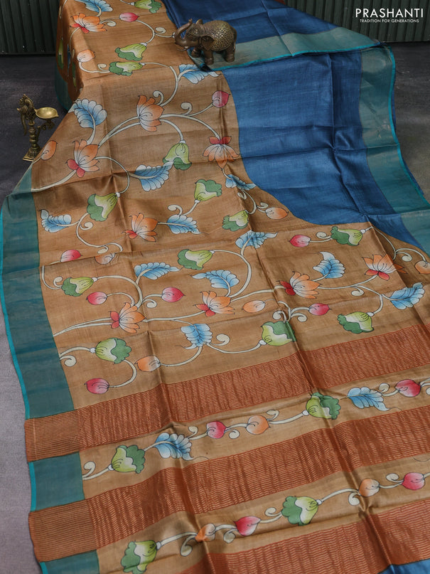 Pure tussar silk saree sandal and teal blue with allover kalamkari hand painted prints and zari woven border