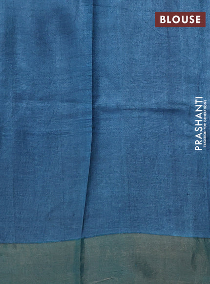 Pure tussar silk saree sandal and teal blue with allover kalamkari hand painted prints and zari woven border